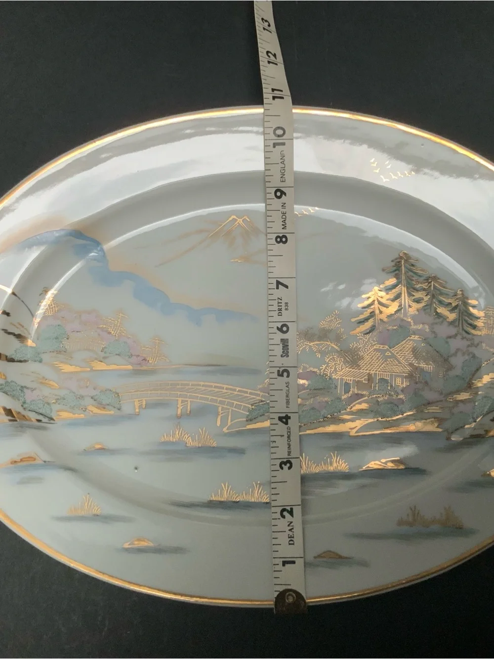 Vintage Hand-painted Kutani Porcelain 15” oval serving platter, Gold Trim, Japan